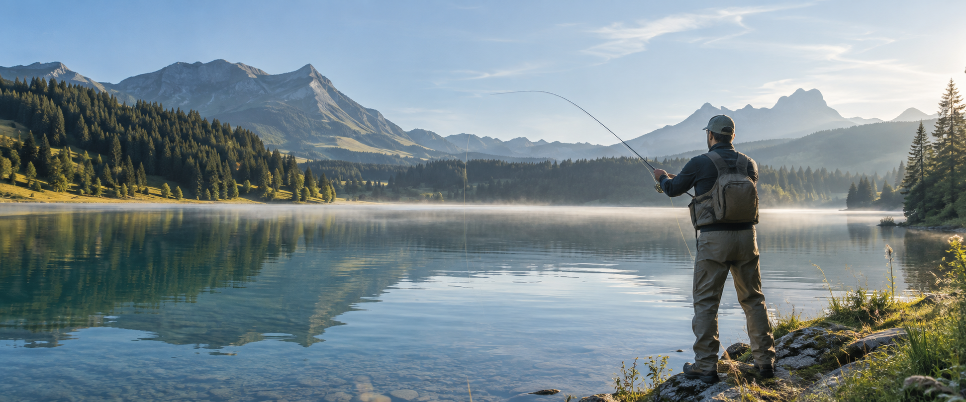 Fliegenfischer an einem ruhigen Schweizer Bergsee