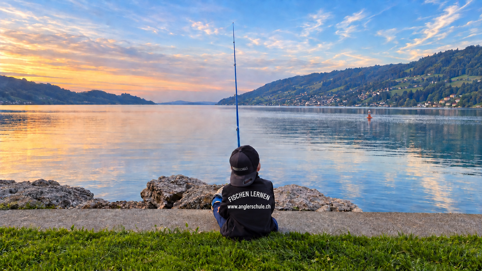 Junger Fischer am ruhigen Schweizer Bergsee mit dem Schriftzug Fischen lernen