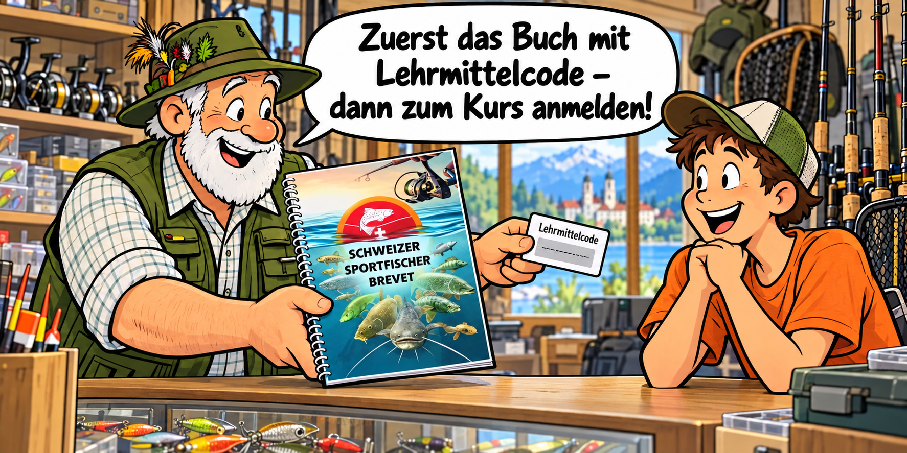 Ernst erklärt das Buch Schweizer Sportfischer Brevet mit Lehrmittelcode